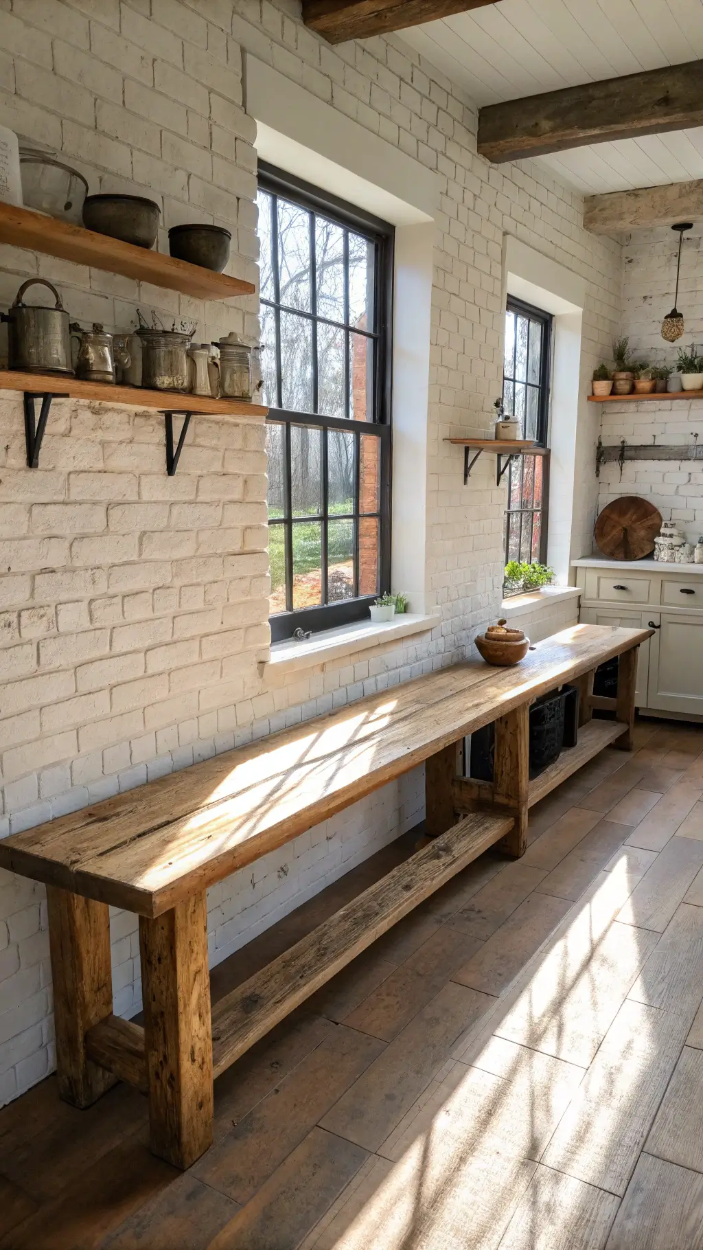 Sunlight illuminating vintage enamelware and a 6ft salvaged pine bench in a modern farmhouse kitchen, contrasted against a whitewashed brick wall and industrial windows.