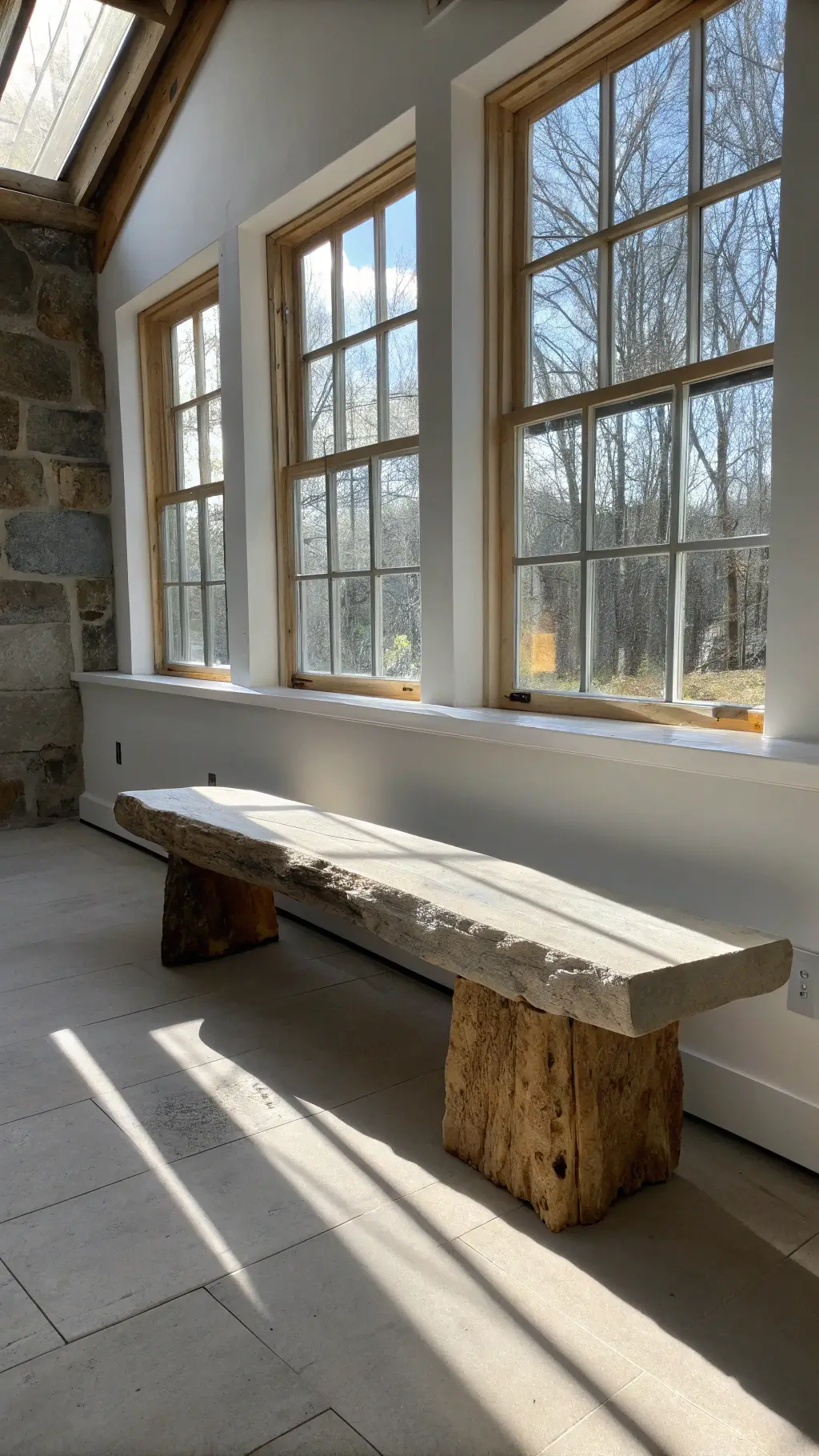 Minimalist studio space with monolithic stone and wood bench carved from a single slab of blonde maple, positioned by floor-to-ceiling windows. Early morning light casting dramatic shadows across the room.