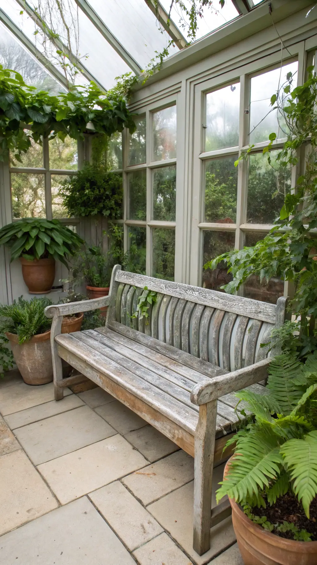 Distressed cedar bench with silver patina highlighted by dappled light through greenhouse windows, surrounded by potted ferns and climbing vines in a 10x12ft garden room, encapsulating a botanical sanctuary atmosphere.