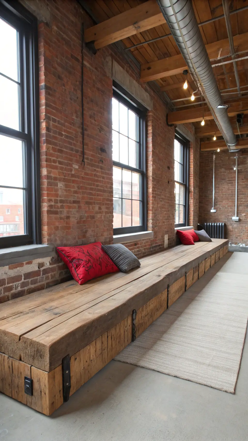 Contemporary loft space featuring a massive reclaimed beam bench with visible joinery and tool marks, minimalist cushions and metal accessories against an exposed brick wall, under industrial windows providing directional light. Shot from corner to highlight scale and context.
