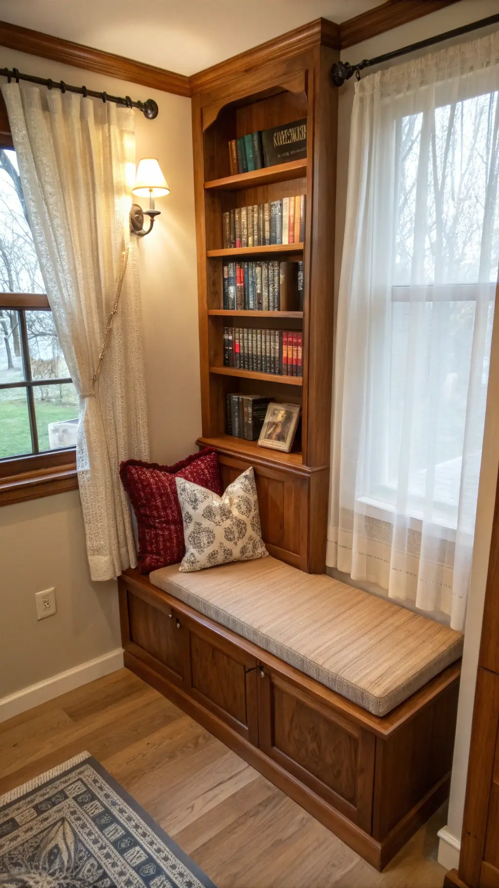 Close-up shot of an intimate reading nook with built-in bookshelf, cherry wood bench and kilim cushion, bathed in afternoon light filtered through sheer curtains