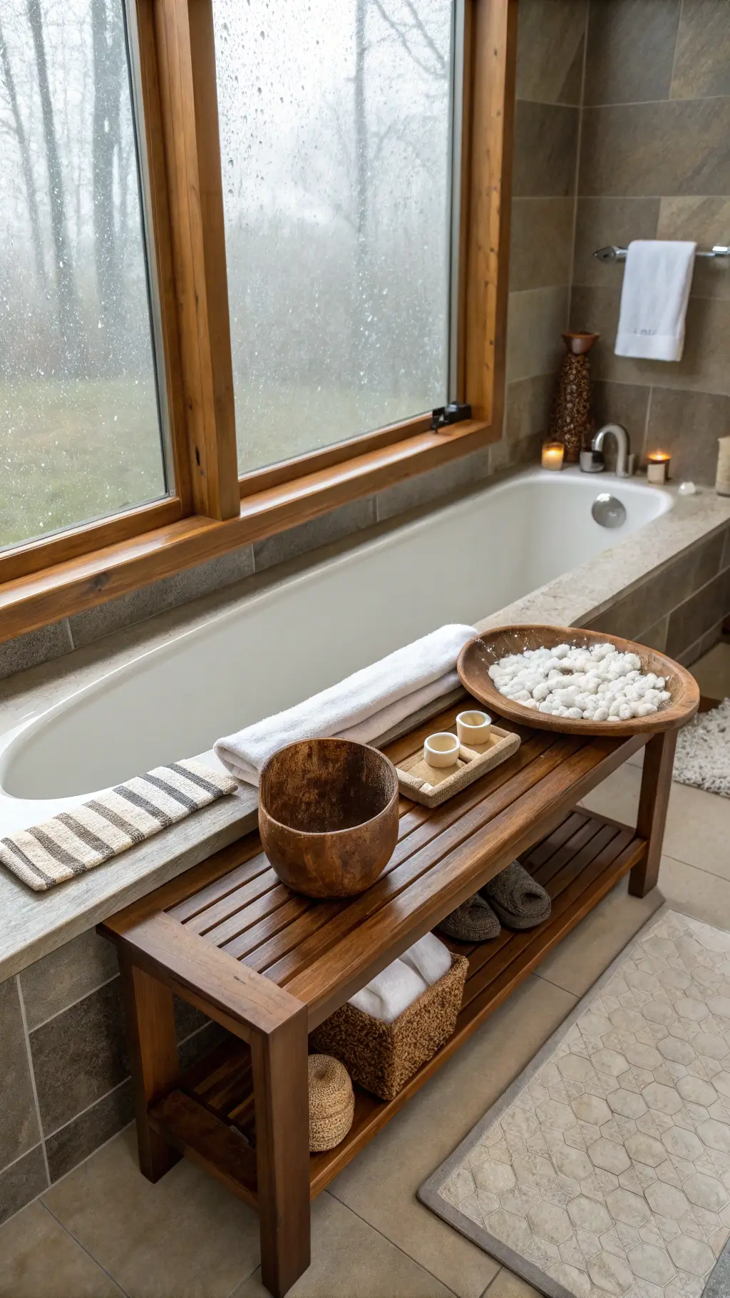 Serene spa-like bathroom with a water-worn teak bench beside a soaking tub, handmade soap dishes, bamboo accessories, steam-frosted windows diffusing natural light, captured from a low angle, highlighting unique water patterns and serene wellness atmosphere.