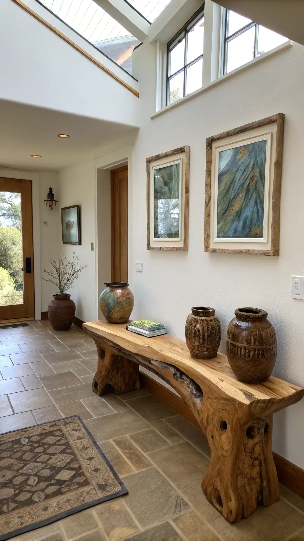 Artistic entryway with twisted olive wood bench under a skylight, accompanied by handmade ceramic vessels on white walls, emphasizing the complex forms and earth tones.