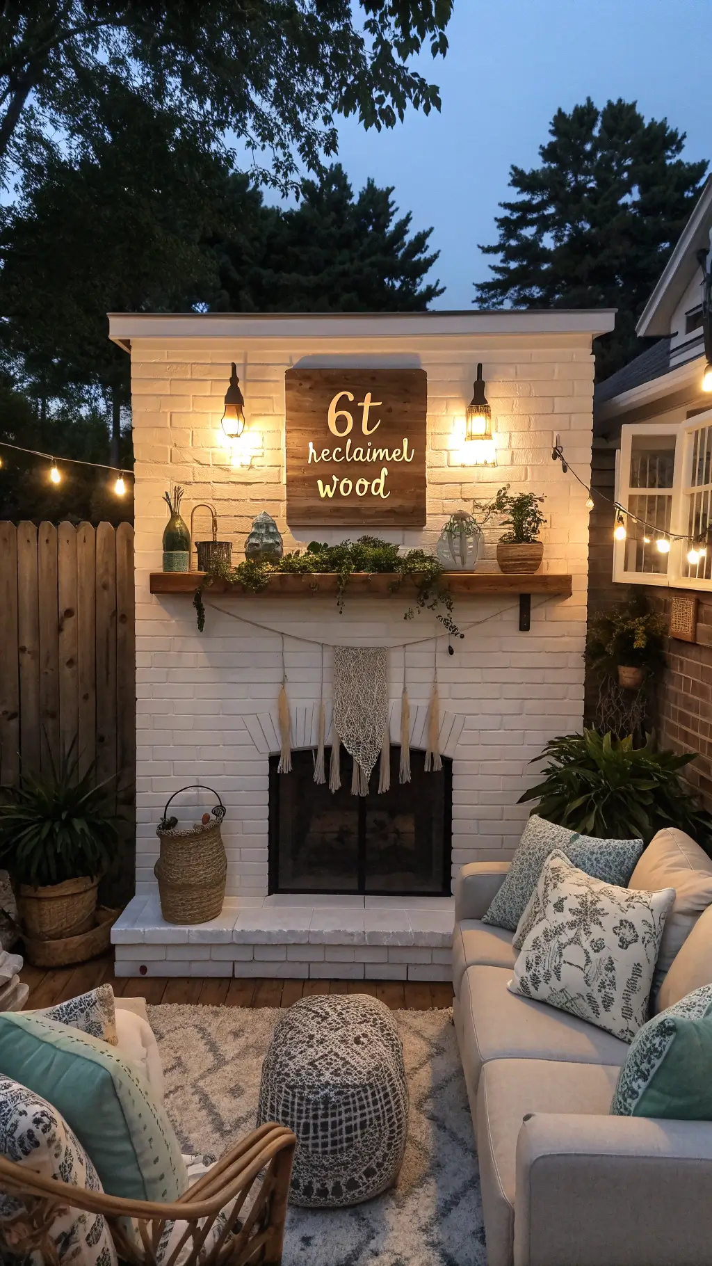 Cozy 15x18ft living room at dusk with iron sconce lighting, reclaimed wood sign above whitewashed brick fireplace, macramé, woven baskets, and cotton throws in cream, sage and dusty blue; shelves with vintage pottery and botanical prints.