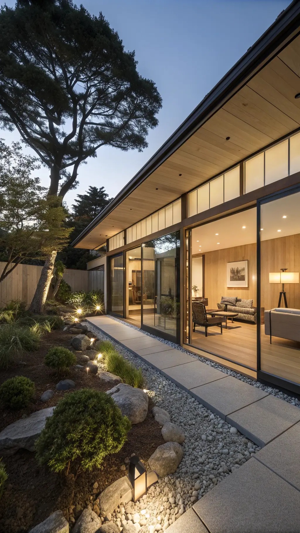 Twilight view of 16x20ft Japandi courtyard with fully retracted glass walls merging indoor living space with gravel garden, teak furniture, specimen maple and stone pathway with integrated lighting.