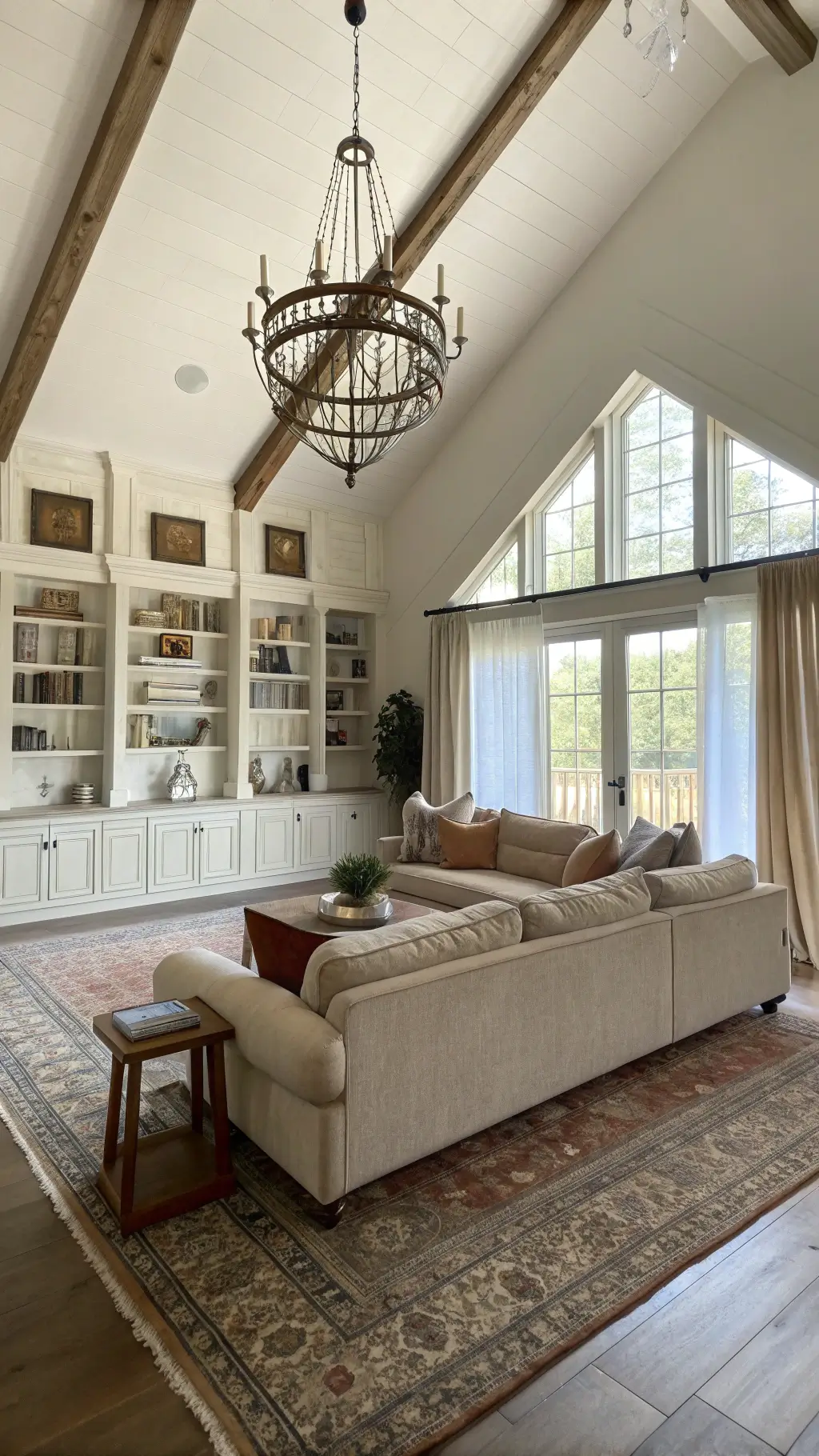 Bright, airy farmhouse great room with rustic chandelier, large beige sectional, reclaimed wood chairs, and open shelves with ironstone and copper collection, bathed in soft morning light.