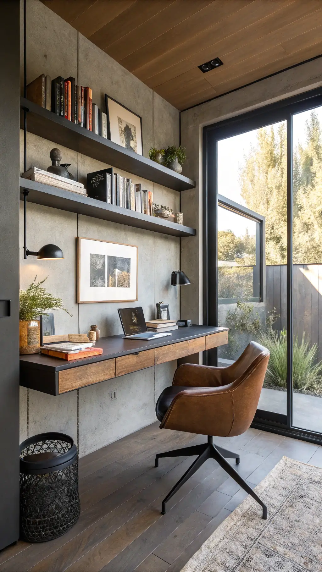 Modern home office with blackened ash built-in desk, handcrafted leather chair, floating shelves with ceramics and art books, bathed in diffused afternoon light, captured from doorway. Materials blend concrete, leather, and raw wood in a palette of warm greys, browns, and matte black.