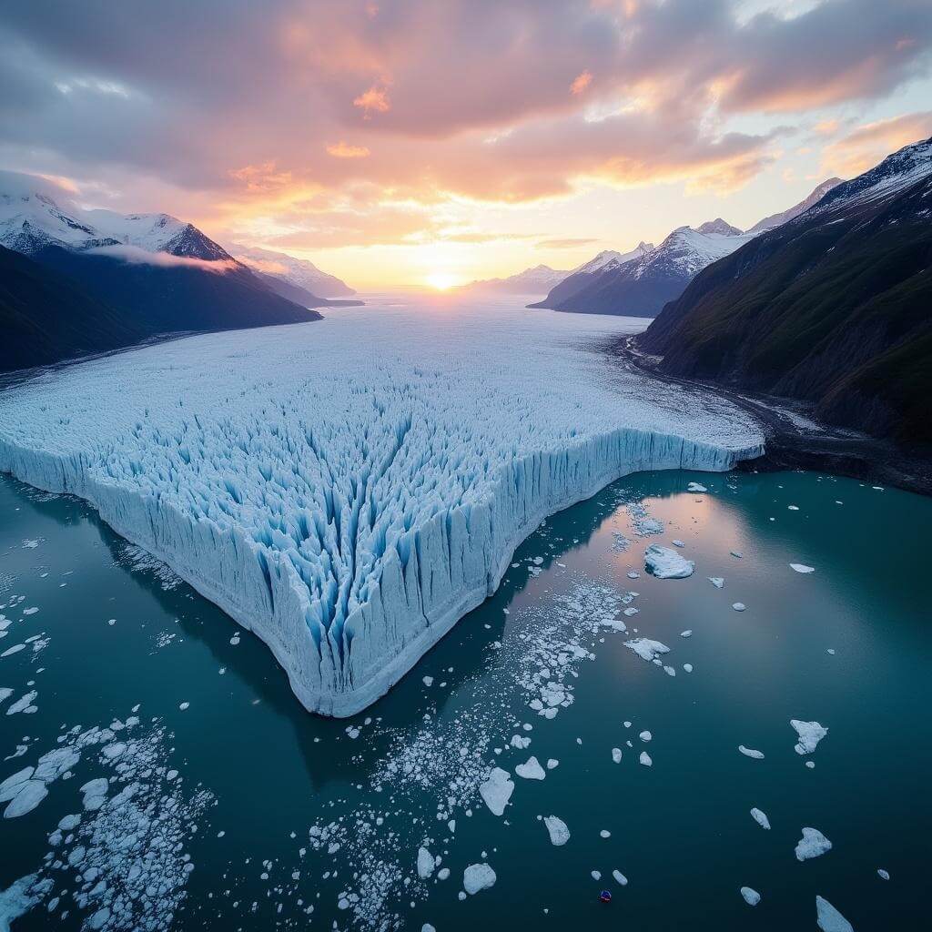 Sunrise over Alaskan glacier field with contrasting white ice and dark mountain peaks, detailed ice formations and crevasses, and tiny tour boats on neighboring fjord