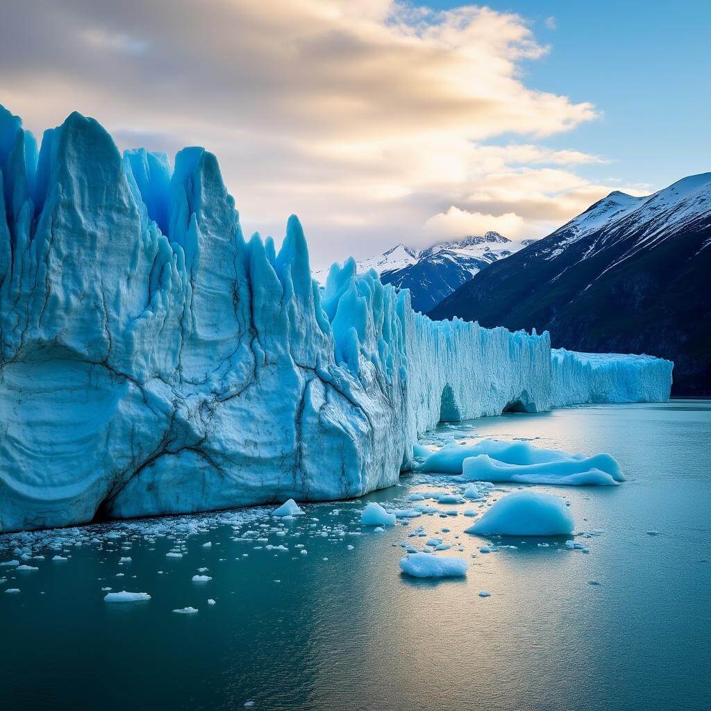 Blue-white glacier calving into turquoise ocean during golden hour in Prince William Sound, Alaska, with floating ice chunks, layered glacier face, and snow-capped mountains under a partly cloudy sky