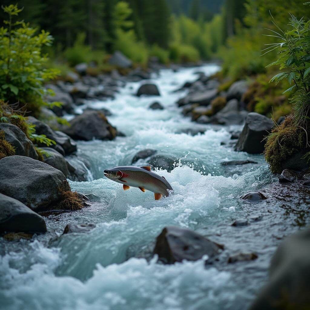 Salmon swimming upstream in a clear glacier stream through Alaskan wilderness