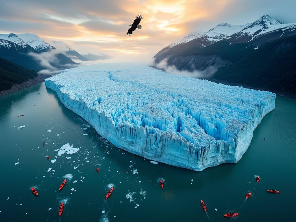 "Aerial view of blue glacier, breaching humpback whales, red kayaks, soaring bald eagle, and snow-capped Alaskan landscape during golden hour"