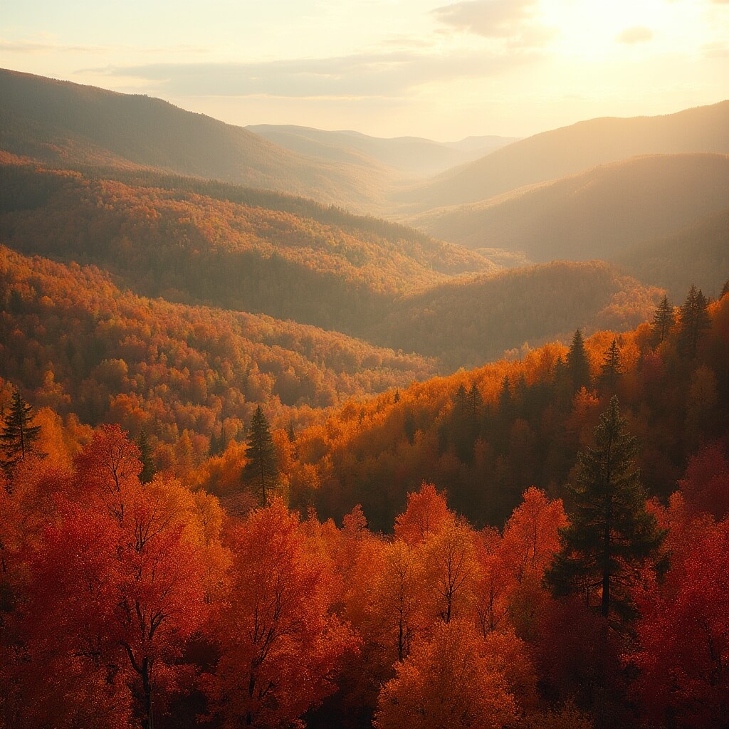 Panoramic view of rolling hills with autumn-colored maples and birches, bathed in sunlight