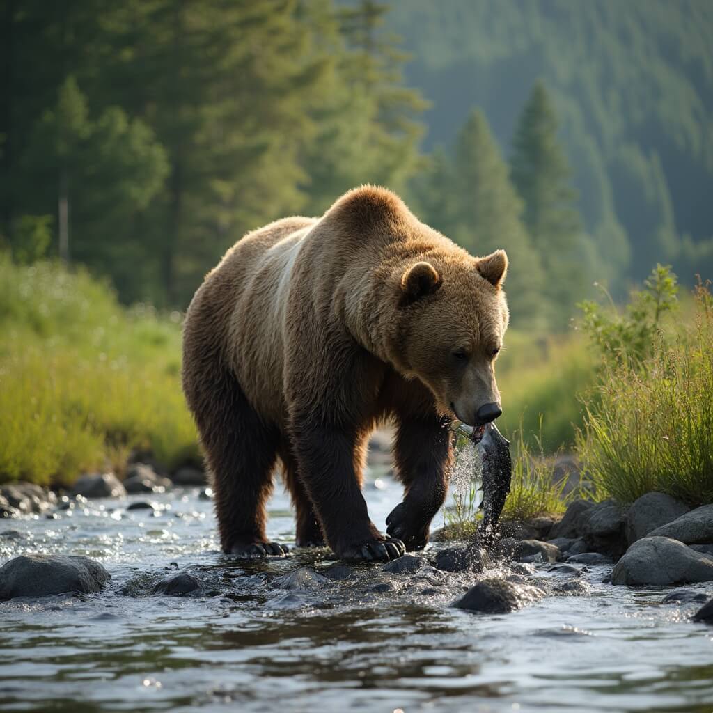 Brown bear fishing for salmon on Alaskan riverbank lined with dense forest during morning golden hour