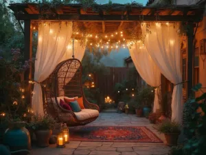 "Whimsical bohemian patio at twilight with fairy lights, rattan swing chair, Persian-style rug, copper lanterns, and lush greenery"
