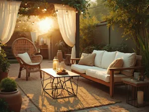 "Cozy boho-style backyard patio at sunset with weathered teak sofa, rustic flooring, Moroccan lanterns, and terracotta planters."