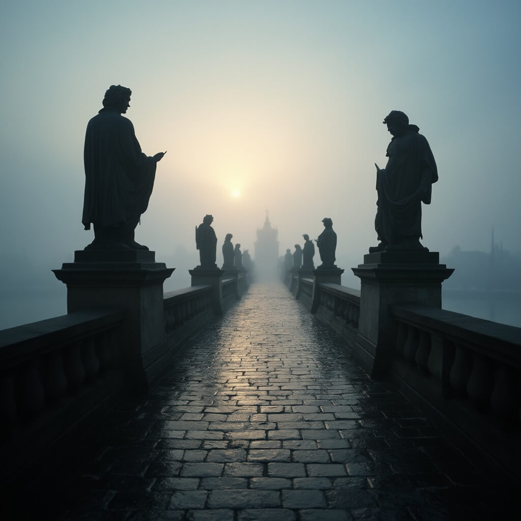 Misty dawn at Charles Bridge with baroque statues silhouettes, stone pathway, historic architectural details and morning light reflection on the Vltava River