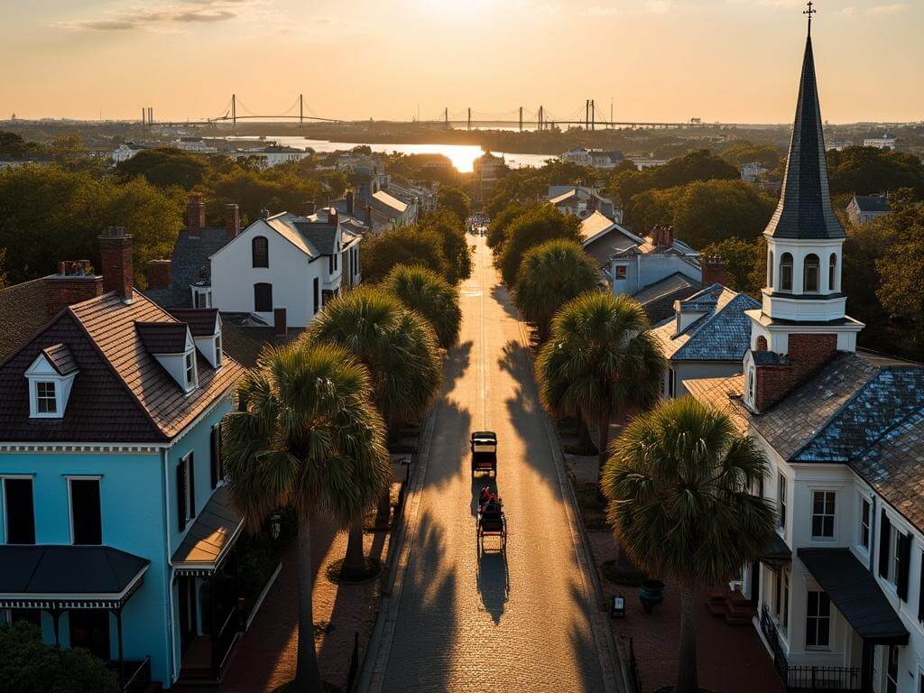 "Aerial view of downtown Charleston at sunset, featuring the St. Michael's Church steeple, cobblestone streets, antebellum mansions, Spanish moss-draped oaks, and the Cooper River with the Ravenel Bridge on the horizon; a horse-drawn carriage adds to the Southern charm."