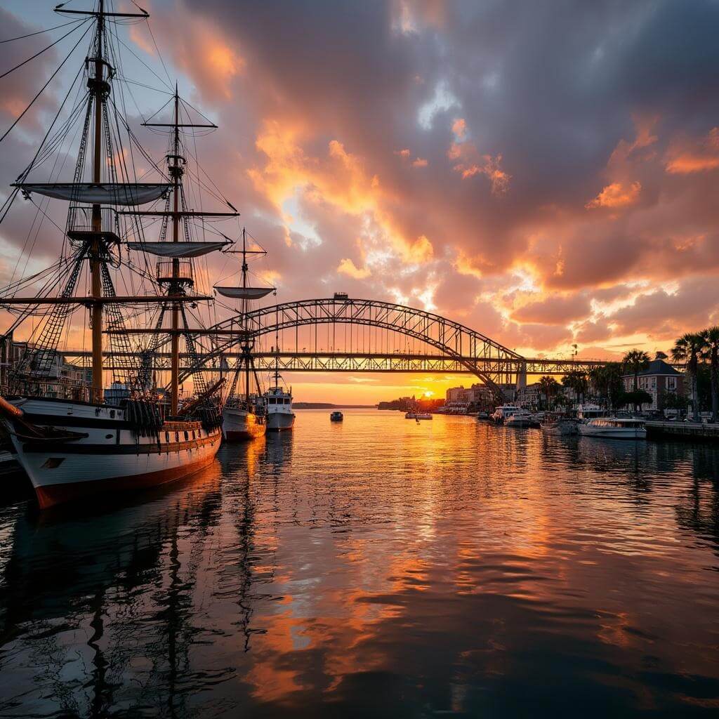 Historic Charleston Harbor at sunset with sailing ships, boats, and the Ravenel Bridge in the background under a dramatic orange and purple sky reflecting off the water