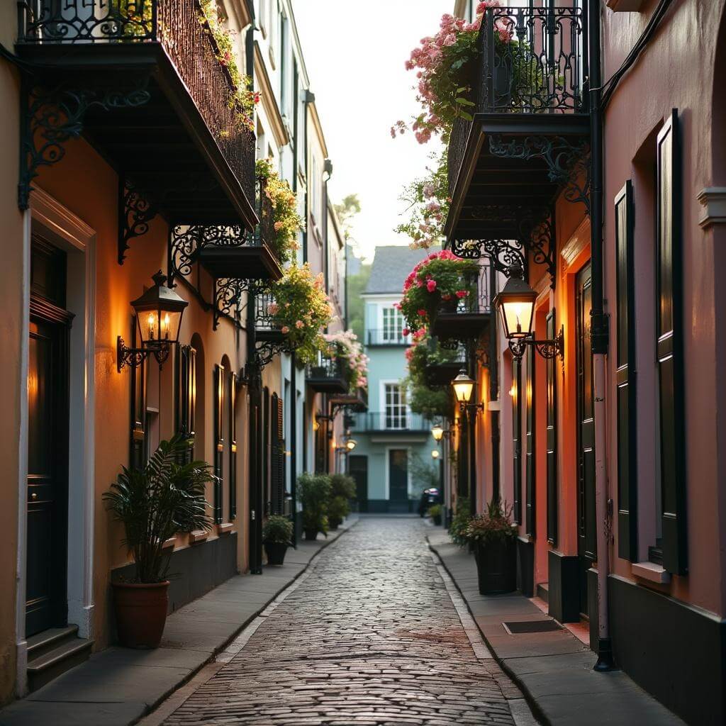 Cobblestone alley in historic downtown Charleston with antebellum architecture, wrought-iron balconies adorned with flowers, gas lanterns, and weathered pastel buildings bathed in soft morning light