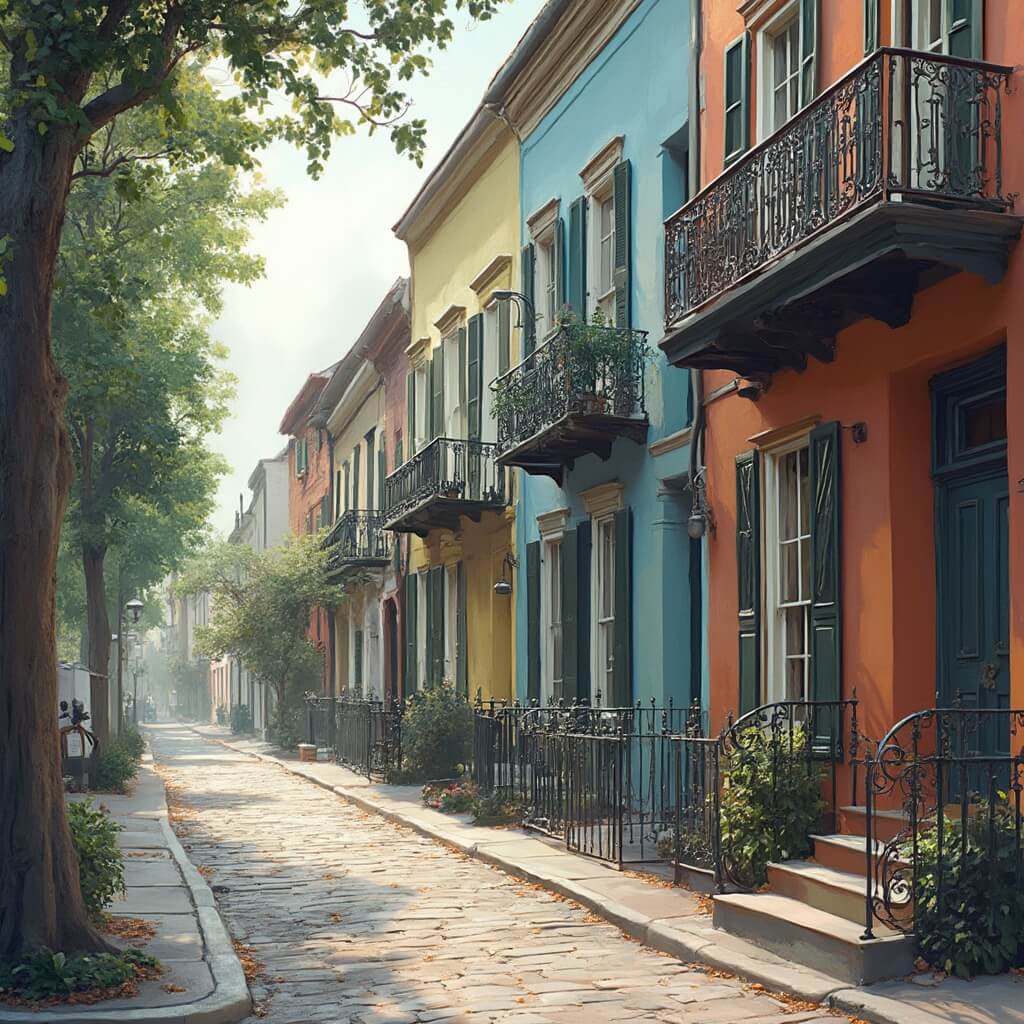 Early morning view of pastel-colored historic row houses with wrought-iron balconies on King Street, downtown Charleston, highlighted by soft light