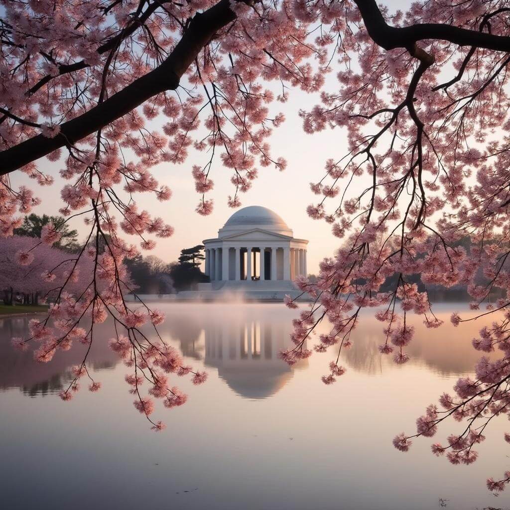 Dawn photograph capturing soft morning light illuminating pink cherry blossoms over the Tidal Basin with the Jefferson Memorial in the misty background