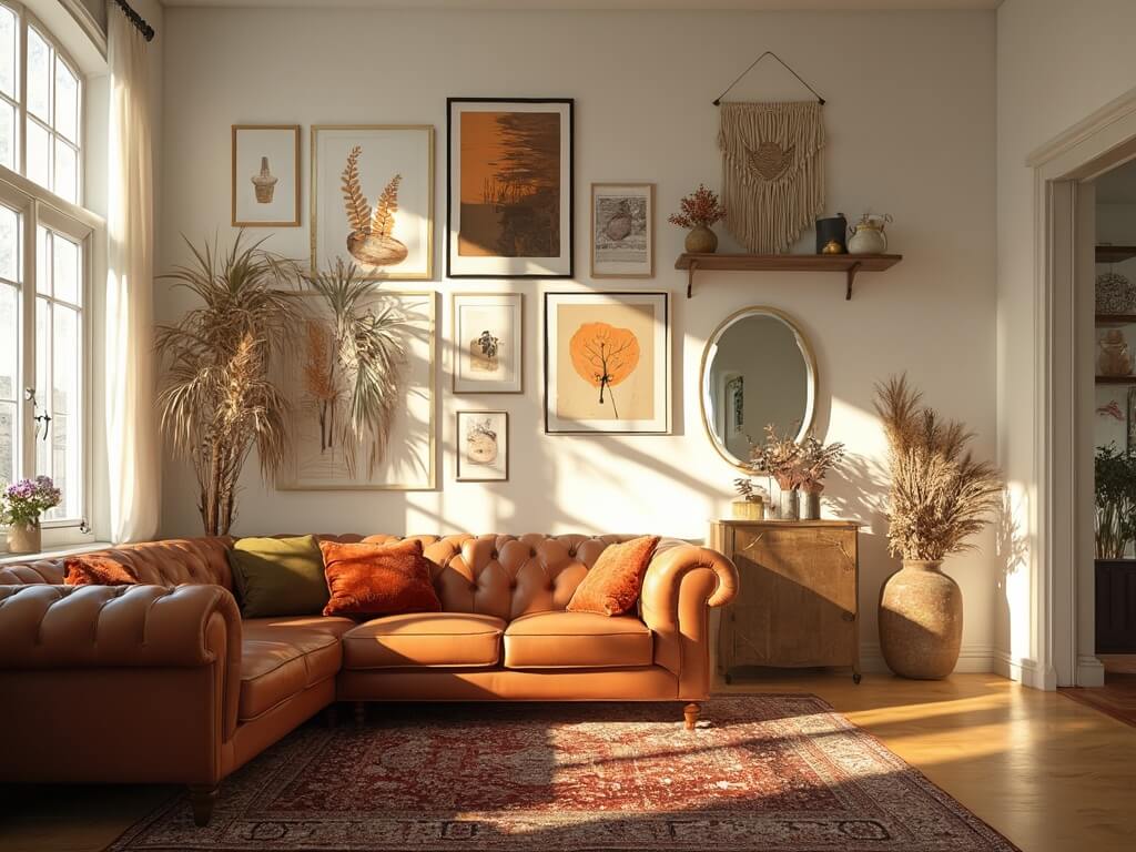 "Cozy fall living room with Chesterfield sofa, macramé wall hanging, and botanical artwork in warm autumn colors"