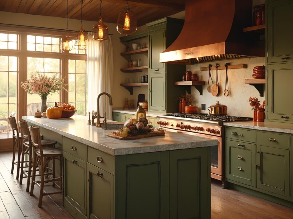 "Cozy farmhouse kitchen with fall decor, featuring green cabinets, rustic oak island, and autumn-hued heirloom pumpkins"