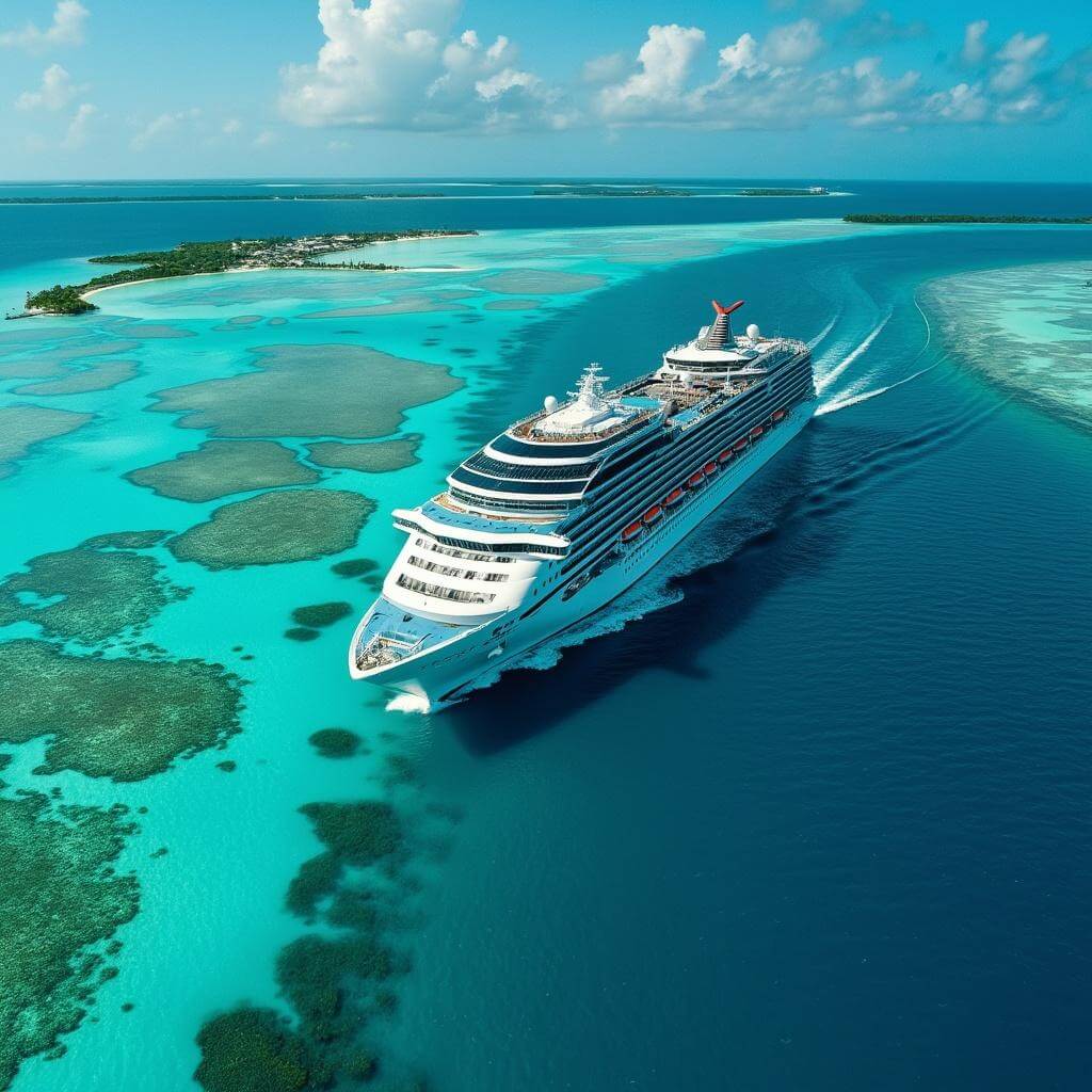 Aerial view of a modern cruise ship navigating turquoise waters of the Florida Keys, surrounded by coral reefs and small tropical islands