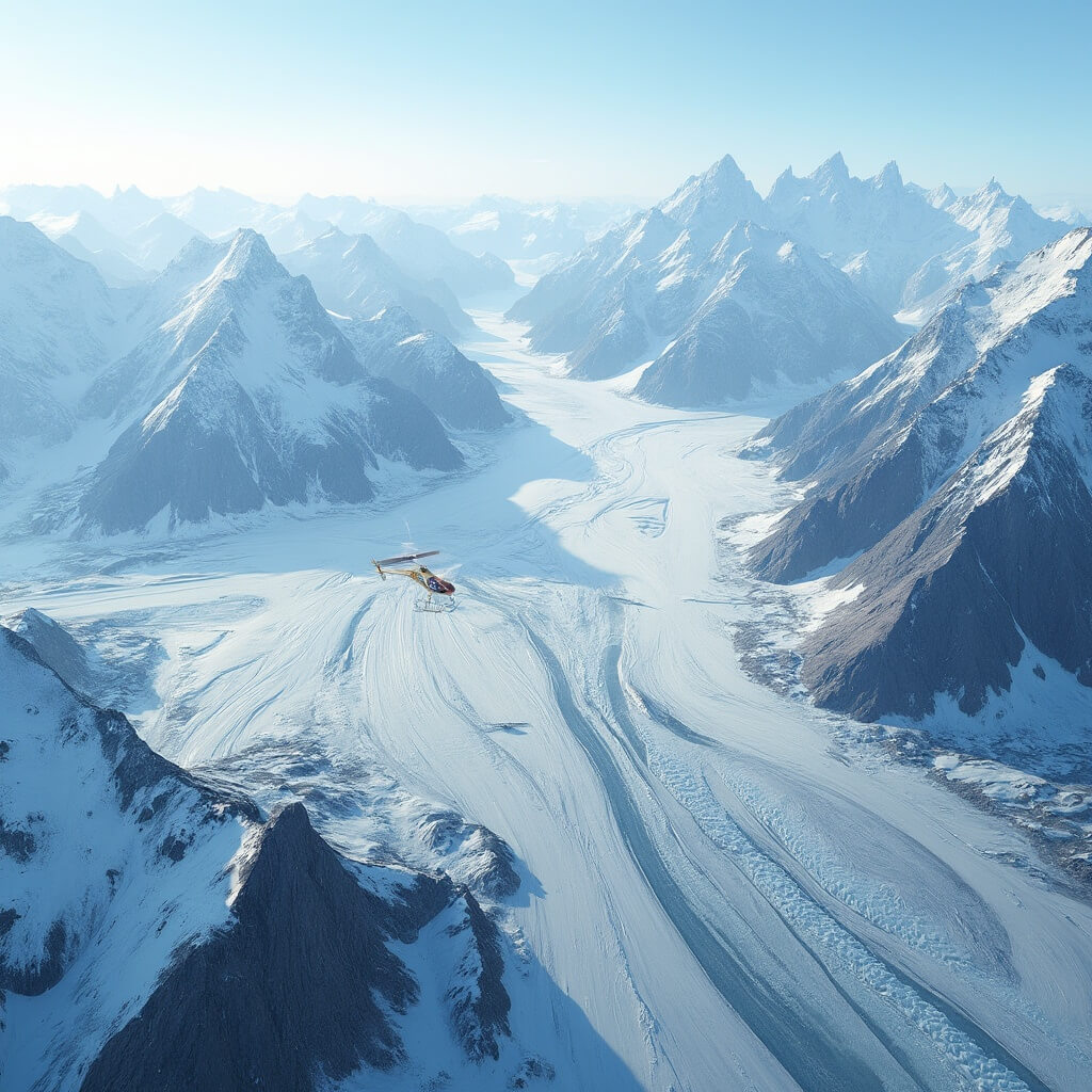 Helicopter hovering over Denali National Park's glacier landscape with rugged mountains and expansive Alaskan wilderness