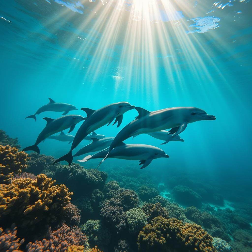 Bottlenose dolphins swimming near coral reef in crystal-clear waters of Florida Keys, illuminated by sunlight