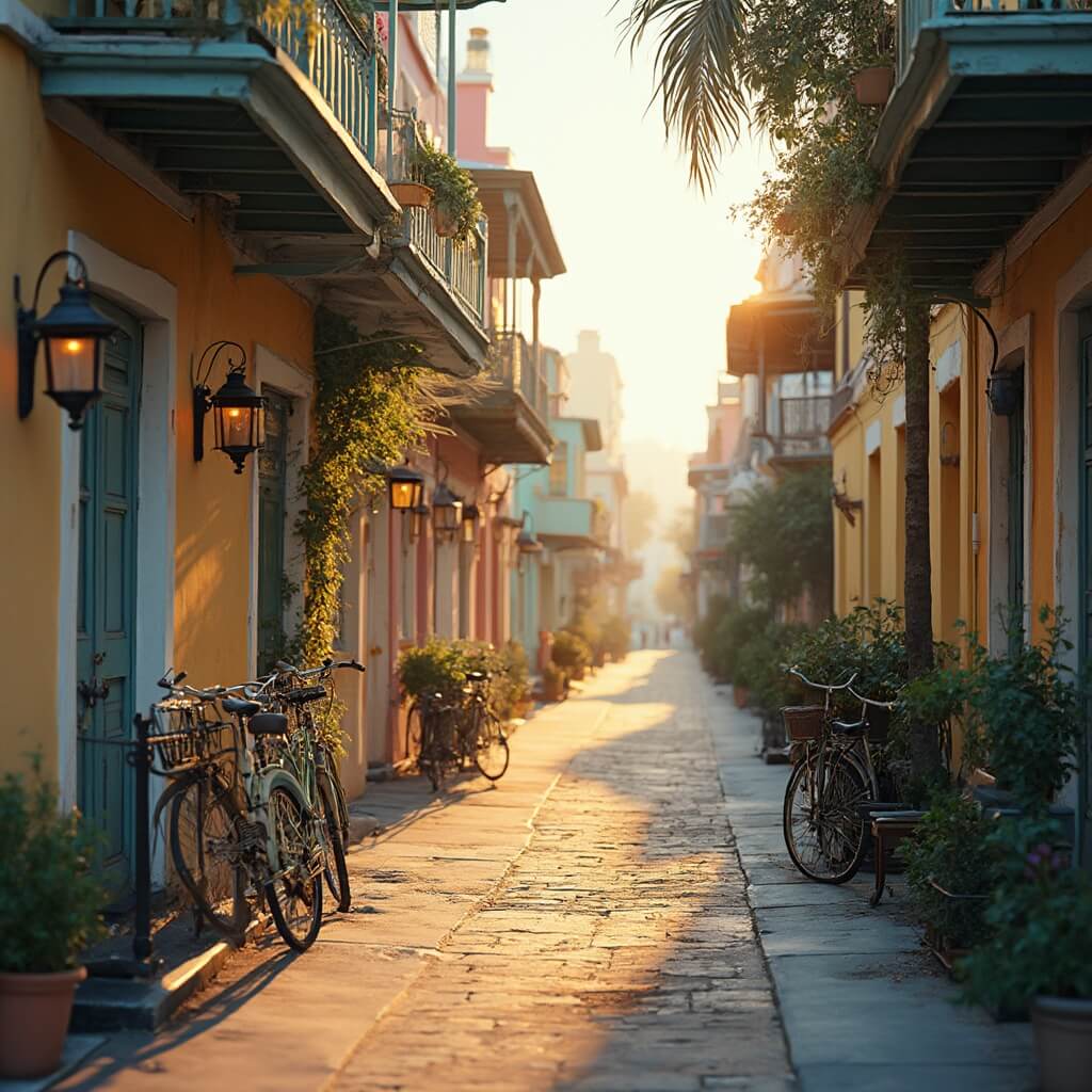 Golden hour on Key West's Duval Street with pastel-colored historic buildings, vintage bicycles against wrought-iron fences, and warm shadows highlighting its Caribbean-inspired architecture