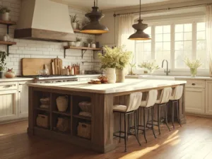 "Sun-drenched farmhouse kitchen with reclaimed oak island, white marble countertop, vintage brass pendant lights, and white ceramic and copper cookware displayed on open shelves"