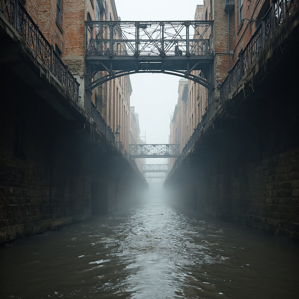 Dramatic perspective shot of Factors Walk with intricate iron bridges, elevated walkways, historic stone warehouses, soft morning mist and the Savannah River in the background