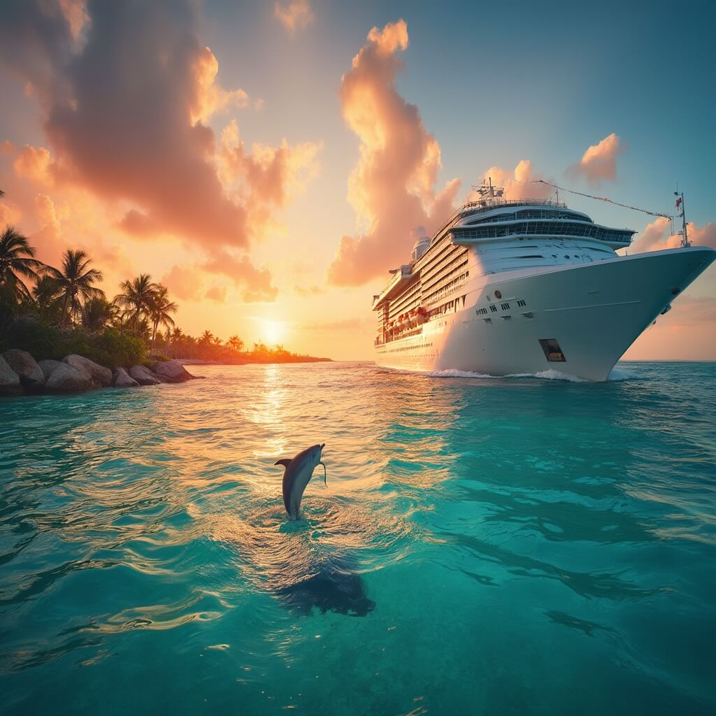 Dolphin leaping near cruise ship in the turquoise waters under the vibrant sunset of Florida Keys