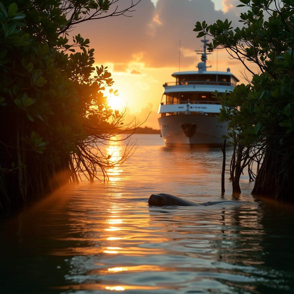 Small cruise ship anchored near a Florida Keys mangrove channel at sunset, with golden light reflecting on misty water and manatee silhouette visible in the foreground