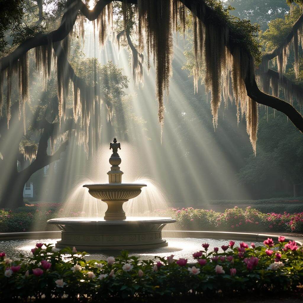 Iconic white fountain in Forsyth Park during a misty spring morning, surrounded by blooming azaleas and dogwood trees with sunlight filtering through Spanish moss.