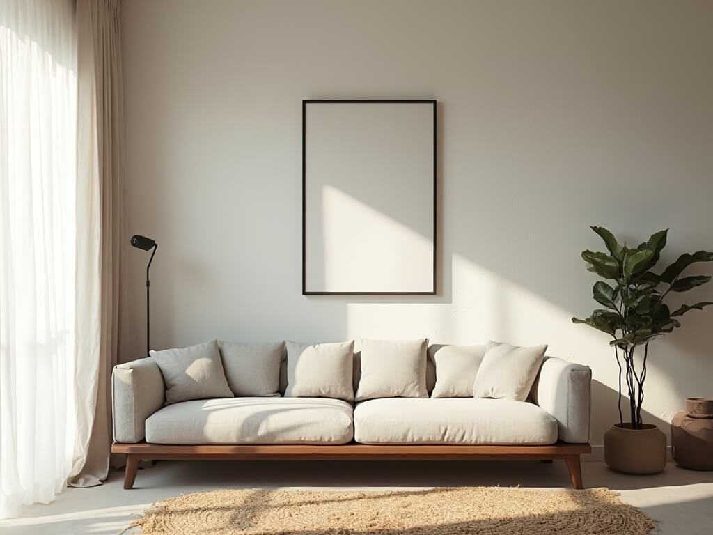 "Japandi-style living room with natural light, walnut sofa, minimal artwork, black metal lamp, ceramic vessels, and potted fiddle leaf fig"