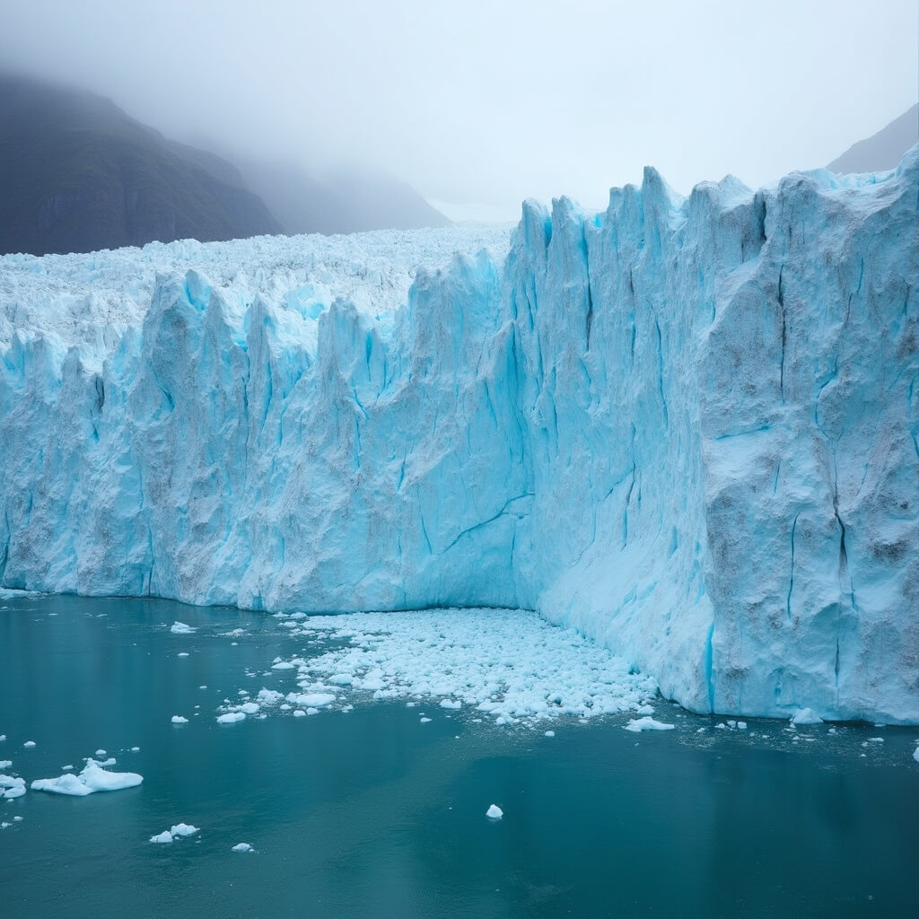 Blue tidewater glacier calving into turquoise ocean at Kenai Fjords National Park with jagged ice formations and misty mountains under overcast light