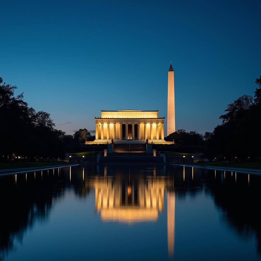 Nighttime view of the illuminated Lincoln Memorial with the Washington Monument silhouette in the background, reflecting in the Reflecting Pool under a deep blue twilight sky