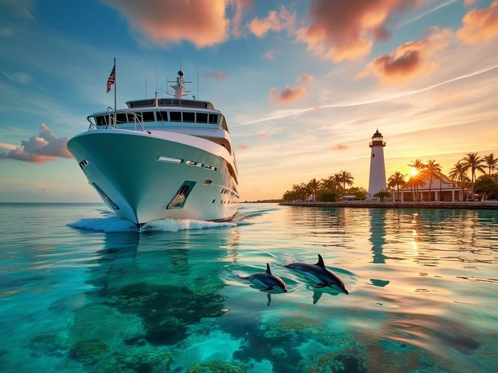 "Luxury cruise ship sailing in turquoise waters of Florida Keys at sunset, dolphins leaping, Key West lighthouse and Duval Street buildings in background"