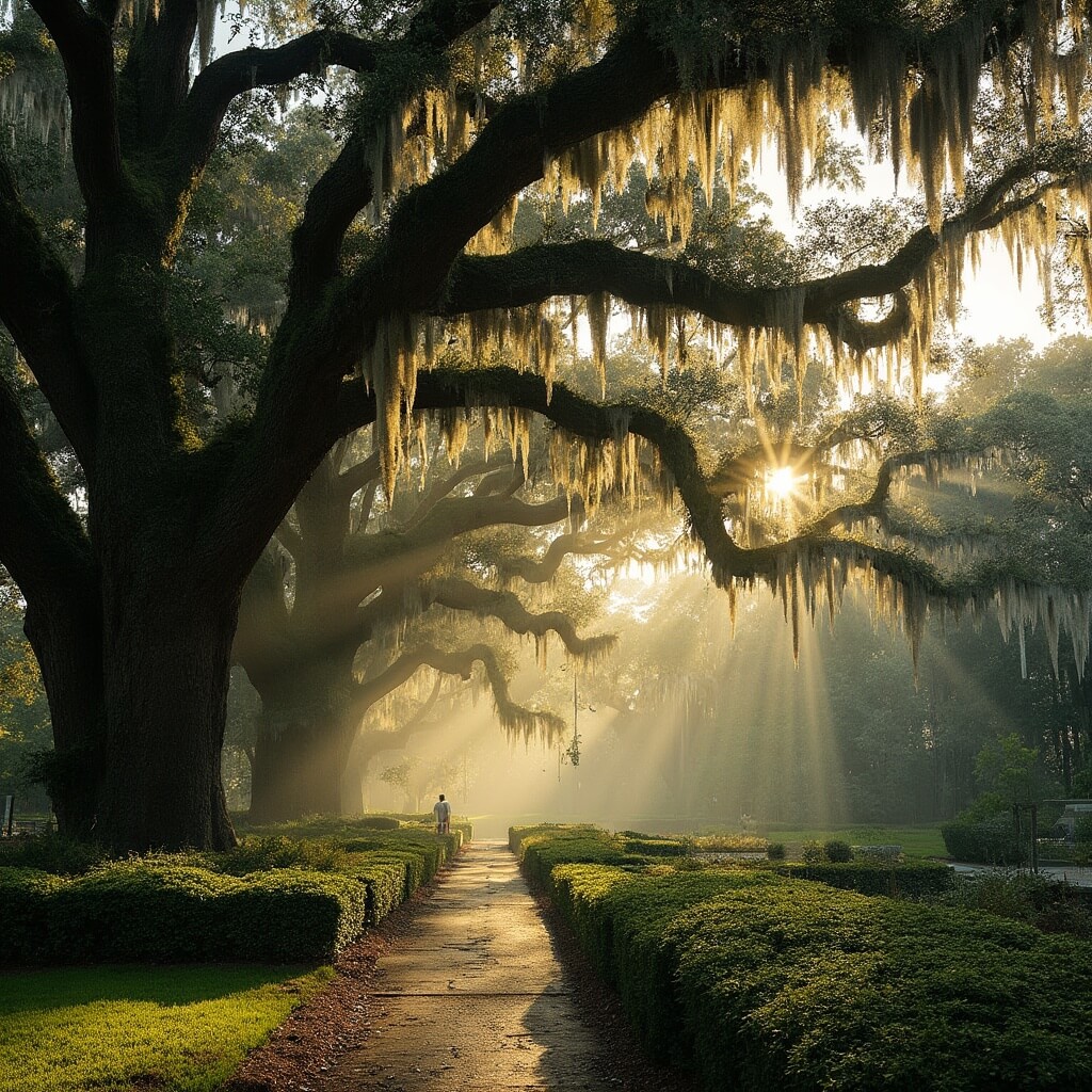 Ancient oak trees draped with Spanish moss in Magnolia Plantation's gardens bathed in soft golden sunlight