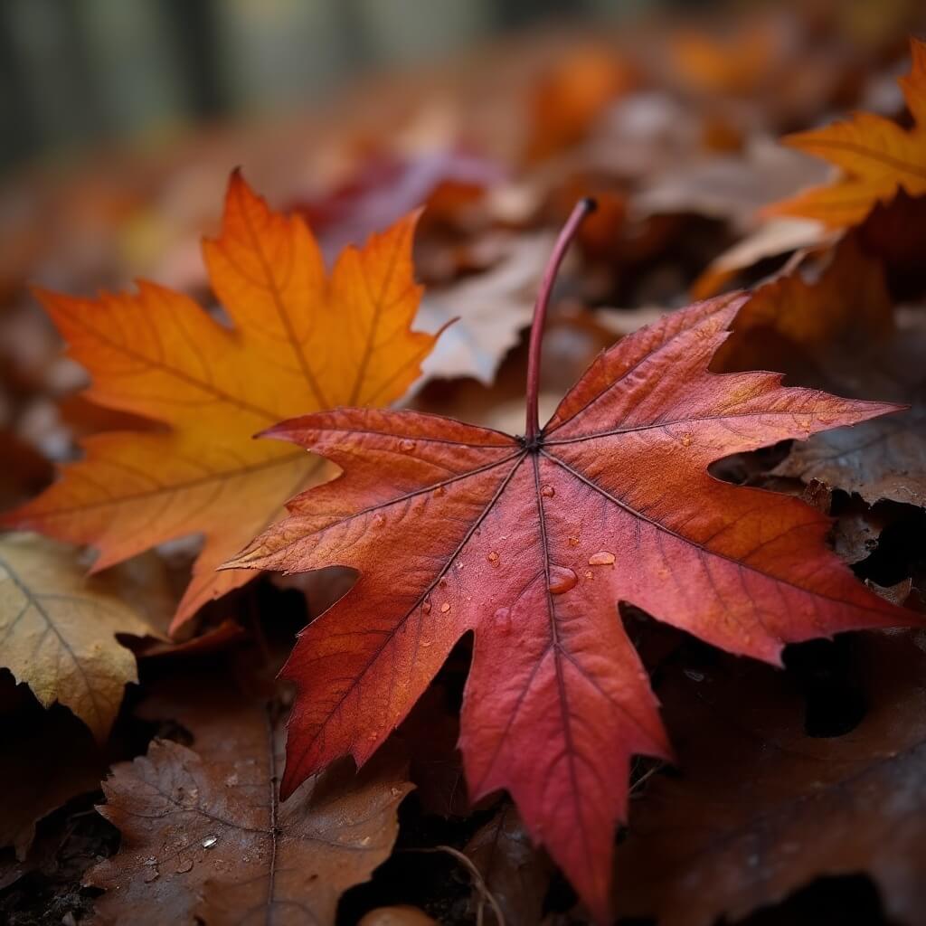 Close-up of fallen maple leaves in varying shades of red and orange, covered in morning dew on a forest floor
