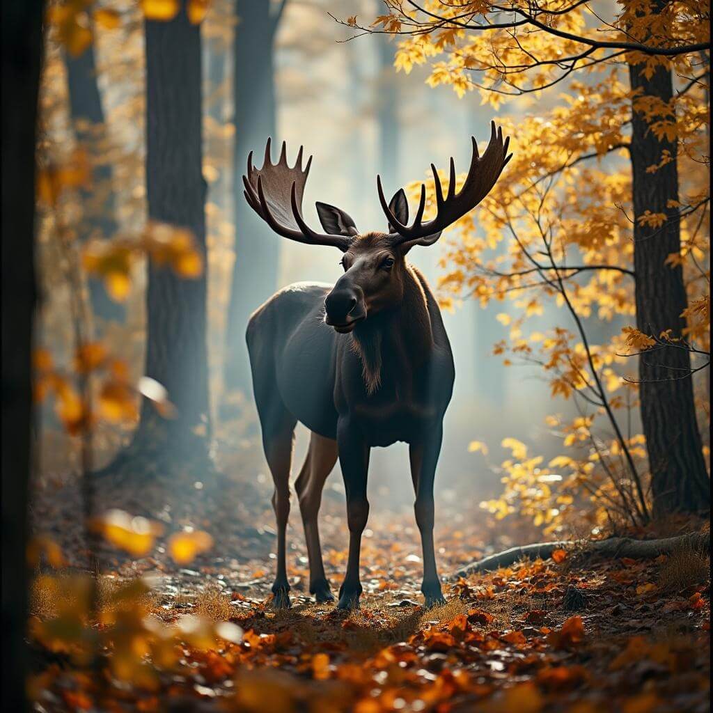 Bull moose in misty morning forest clearing with golden maple trees and autumn leaves, breath visible in cool air and sunlight filtering through trees