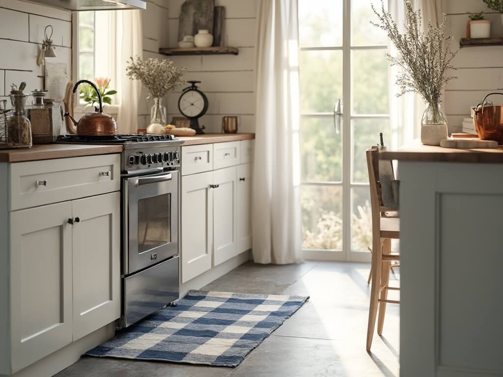 "Modern farmhouse kitchen with navy and cream buffalo check comfort mat, white shiplap walls, and rustic décor in soft morning light"