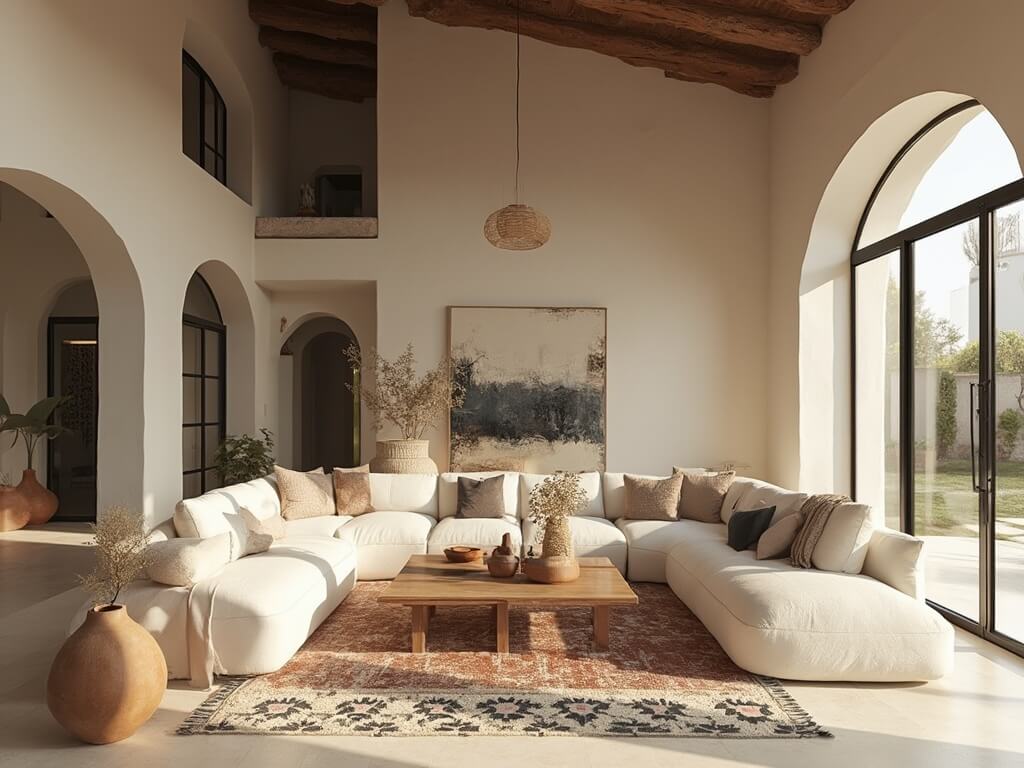 "Sunlit Mediterranean living room with high vaulted ceilings, arched windows, limestone flooring, oak coffee table on a Moroccan rug, linen sofas, ceramic vessels with olive branches, and courtyard view."