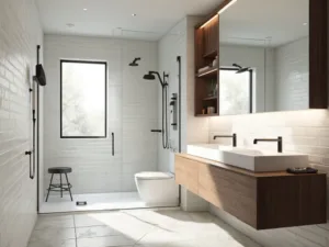 "Modern minimalist bathroom featuring frameless glass shower, walnut vanity, and matte black fixtures"