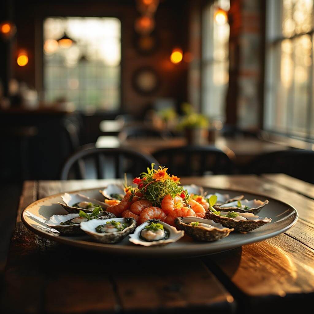 Rustic restaurant interior with warm lighting, featuring a seafood platter of fresh oysters and shrimp with microgreens and citrus garnishes, in soft focus during golden hour