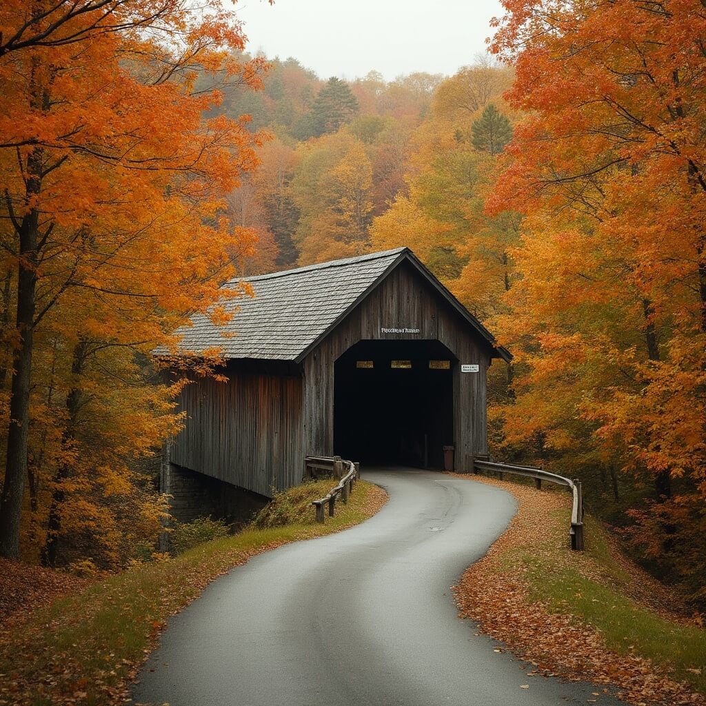 Classic New England covered bridge amid vibrant fall foliage with a winding road through dense forest, depicting idyllic autumn rural scenery