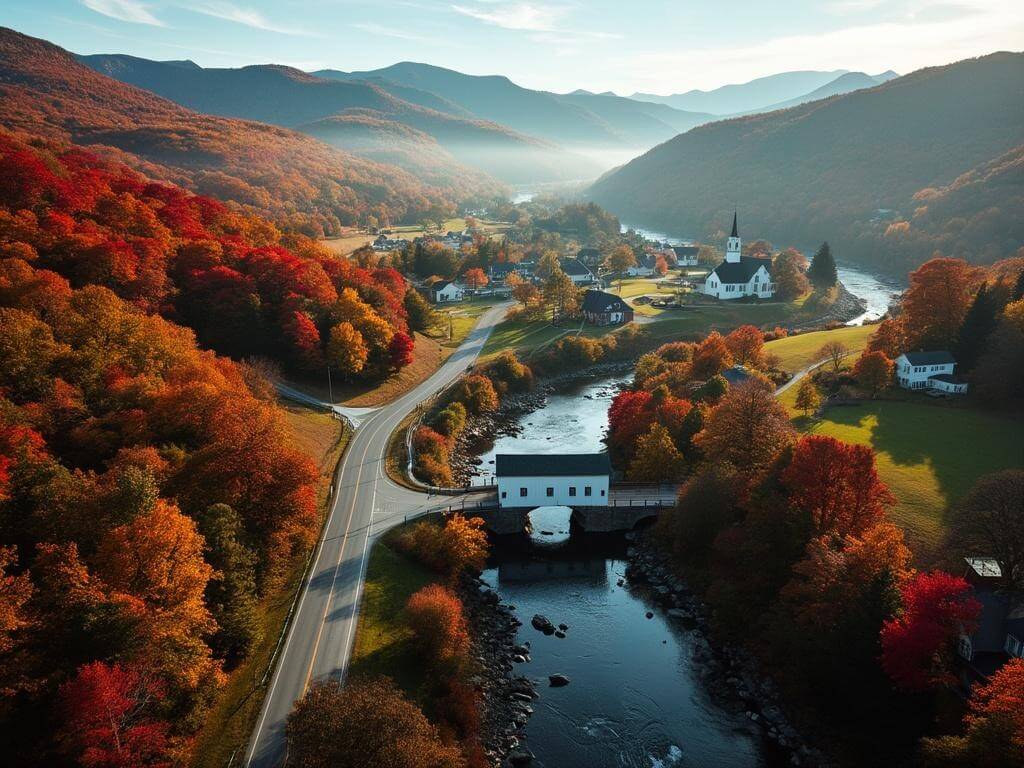 "Aerial view of New England's autumn landscape featuring a country road, vibrant fall foliage, covered bridge, clear river, white steeple village, misty mountains, and late afternoon shadows."