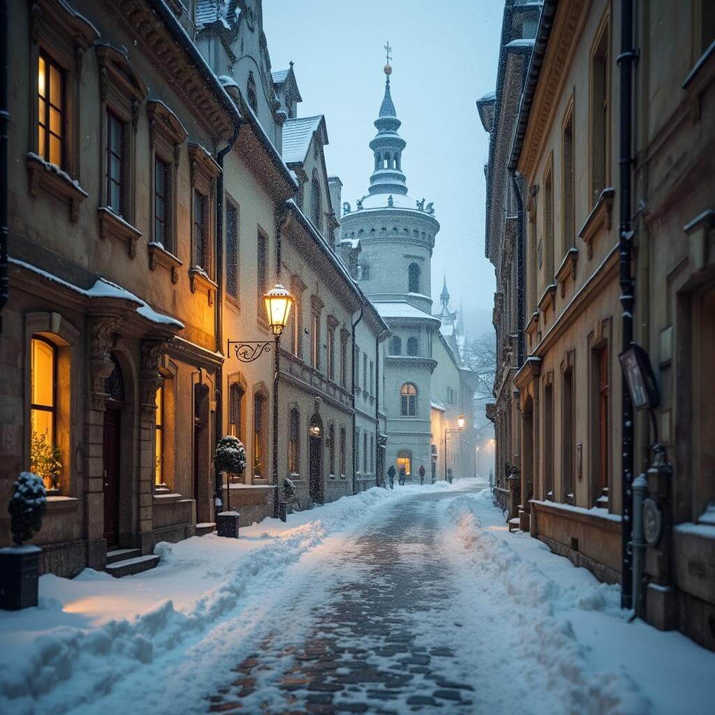 Snow-dusted cobblestone streets in Old Town with historic baroque buildings lit warmly, before tourist arrival in early morning